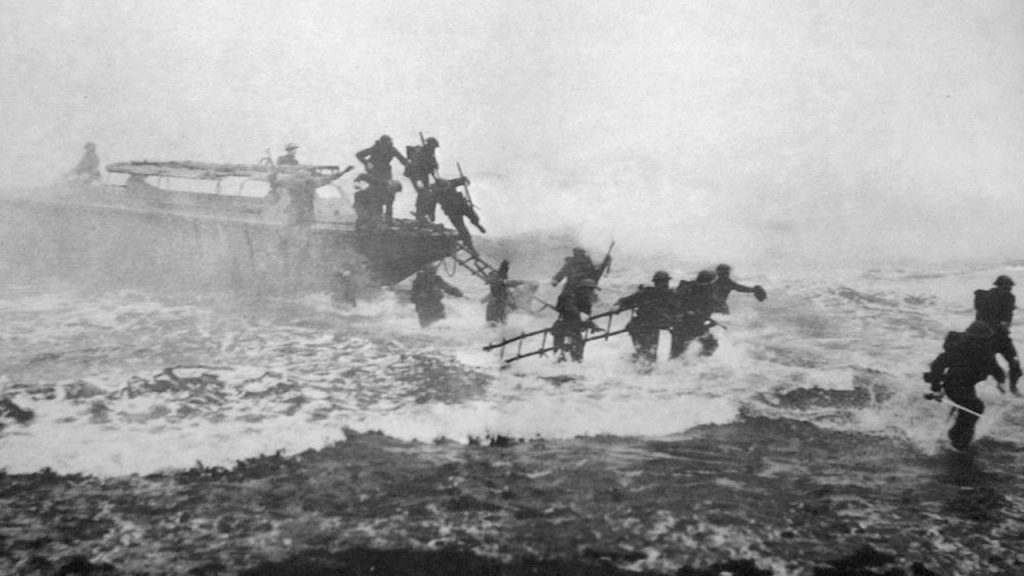 World War 2 soldiers deploying on a beach